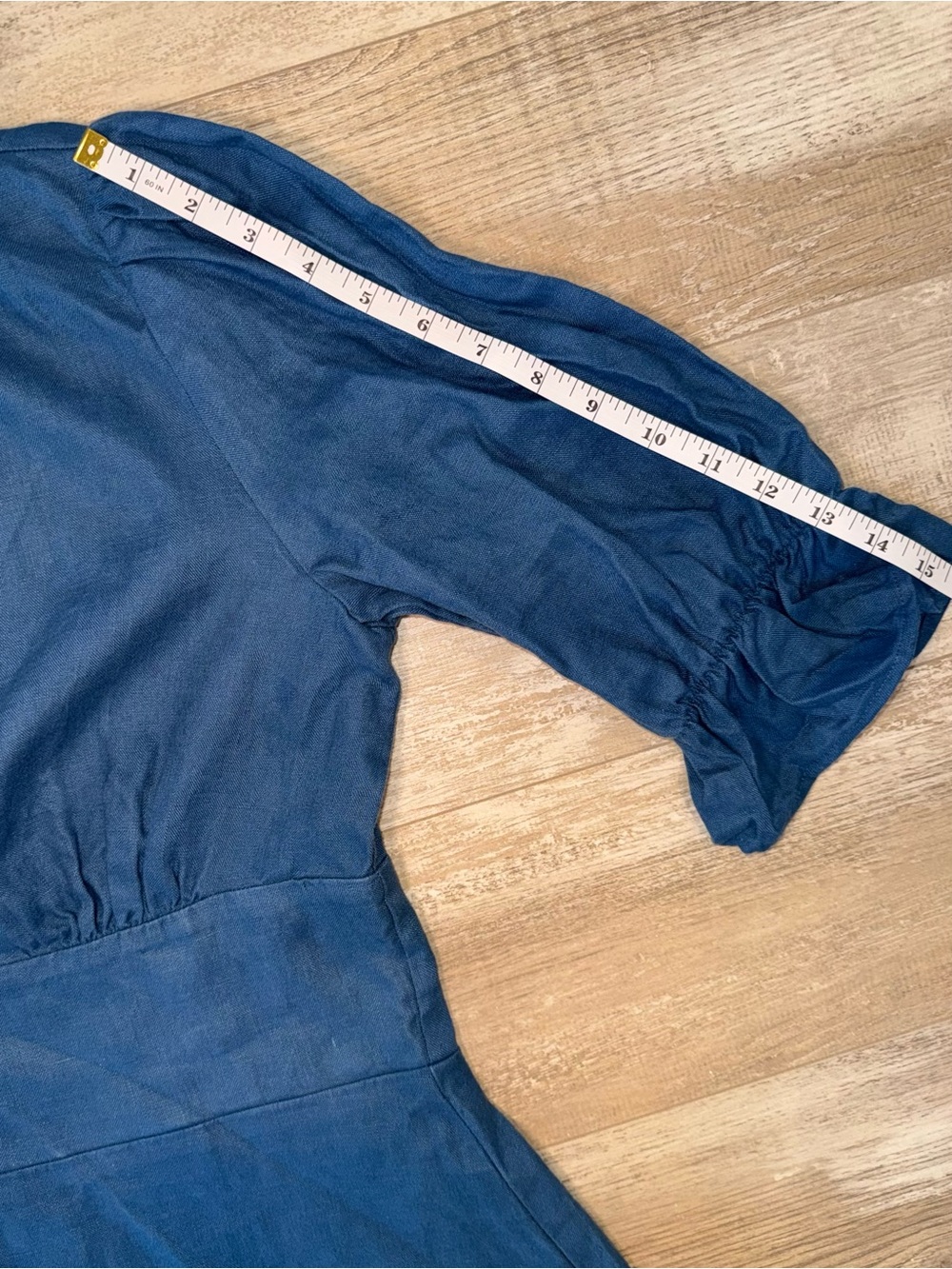 Reformation Simi Linen Mini Dress Blue Puff Sleeve V-Neck Size 12 - Picture 13 of 13